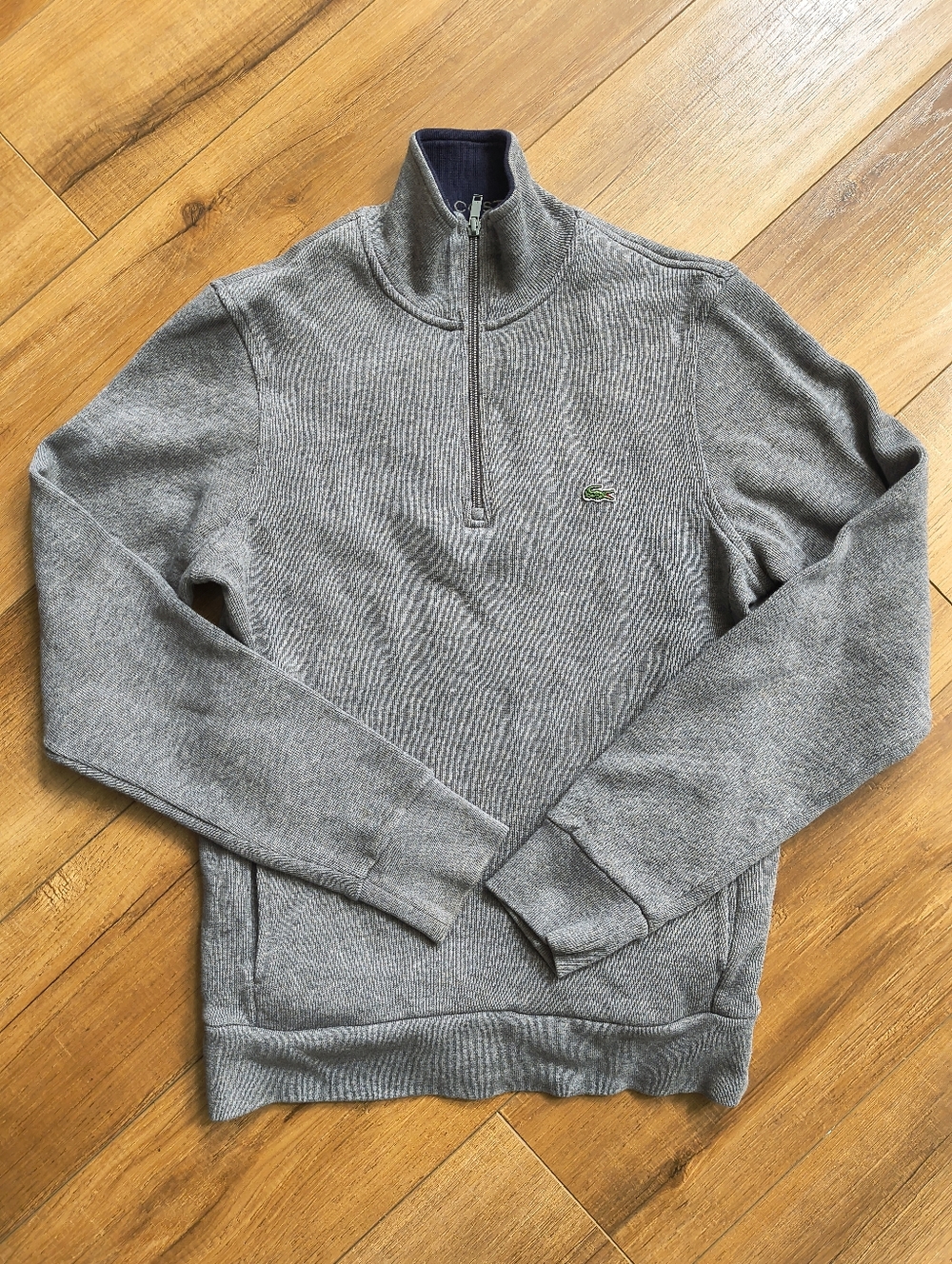 Lacoste Men's Grey Quarter-Zip Ribbed Sweater Size Small